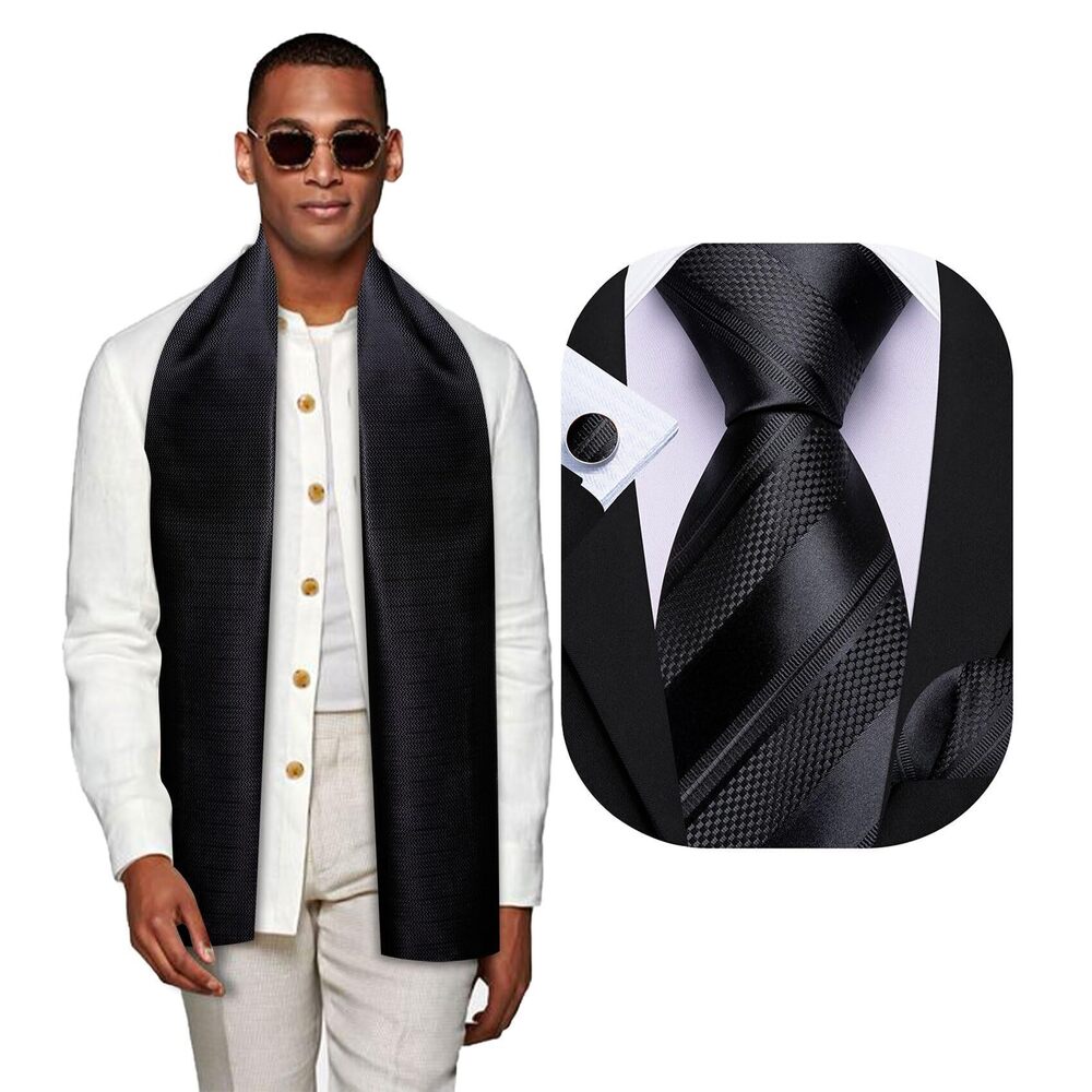 6039 Black Scarf and Tie Striped Silk Necktie Pocket Square Cufflinks Set